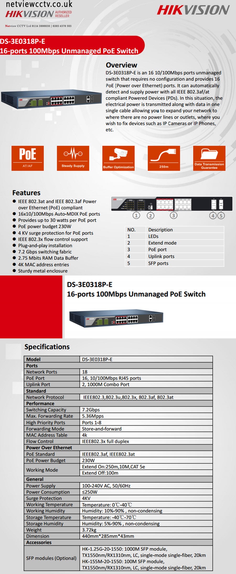 Hikvision POE Switch, DS-3E0318P-E datasheet